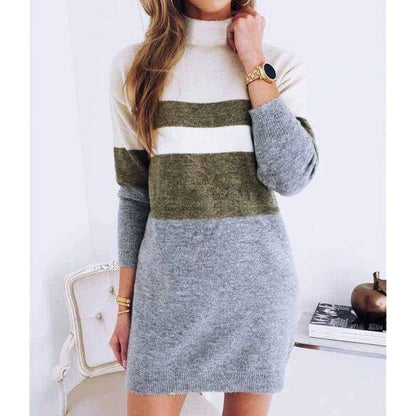 Women Pullover Knitted Dress Casual Turtleneck Patchwork Loose Long Sleeve Basic Dress Autumn Winter Clothes