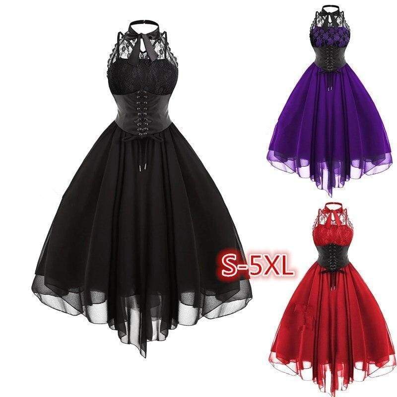 Women Sleeveless Bandage Chiffon Dress Gothic Solid Plus Midi Dress