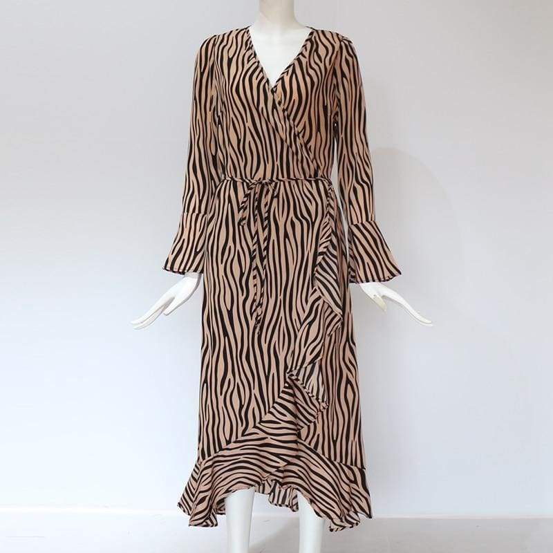 Women Zebra Print Beach Bohemian Long Sleeve V Neck Ruffle Dress