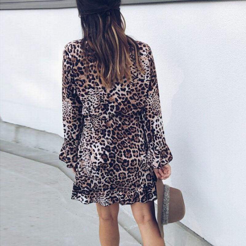 Women's Boho Mini Dress Long Sleeve V Neck Fashion Snake Leopard Printed Ruffled Frill Party Beach Sundress