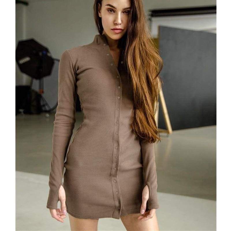 Women's Button Knit Jumper Long Sleeve Mini Dress Ladies Casual Bodycon Autumn Winter Sweater Slim Fit Dresses
