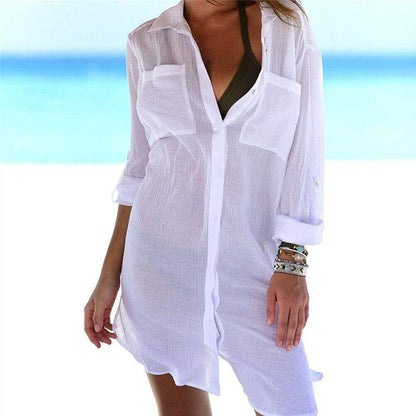 Women's Casual Top Long Sleeve Shirt Blouse Bikini Cover Up Swimwear Swim Bathing Suit Summer Beach Mini Dress