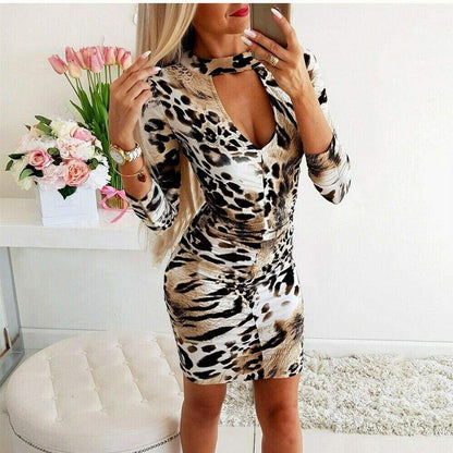Women's Leopard Bandage Bodycon Dress Ladies Casual Long Sleeve Club Party Cocktail Mini Dress Backless