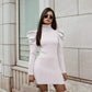 Women's Puff Long Sleeve Ribbed Dress OL Ladies High Neck Bodycon Casual Knitted Sweater Mini Dresses