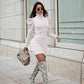 Women's Puff Long Sleeve Ribbed Dress OL Ladies High Neck Bodycon Casual Knitted Sweater Mini Dresses